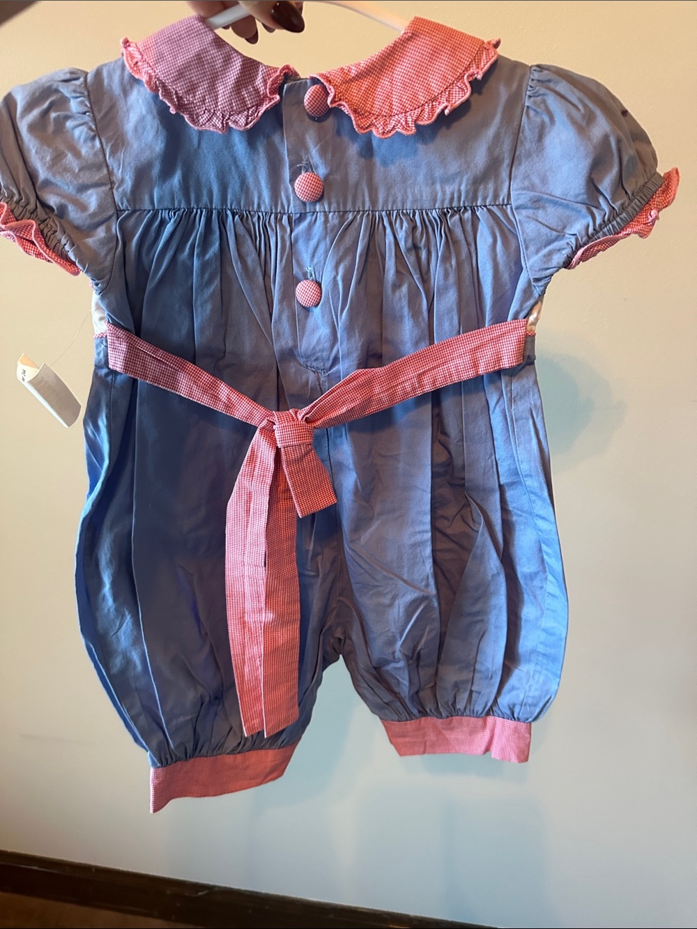 Beaux et Belles Smocked One Piece Kids Size 24M Blue NWT Frog Tea Party Gingham - Picture 3 of 7